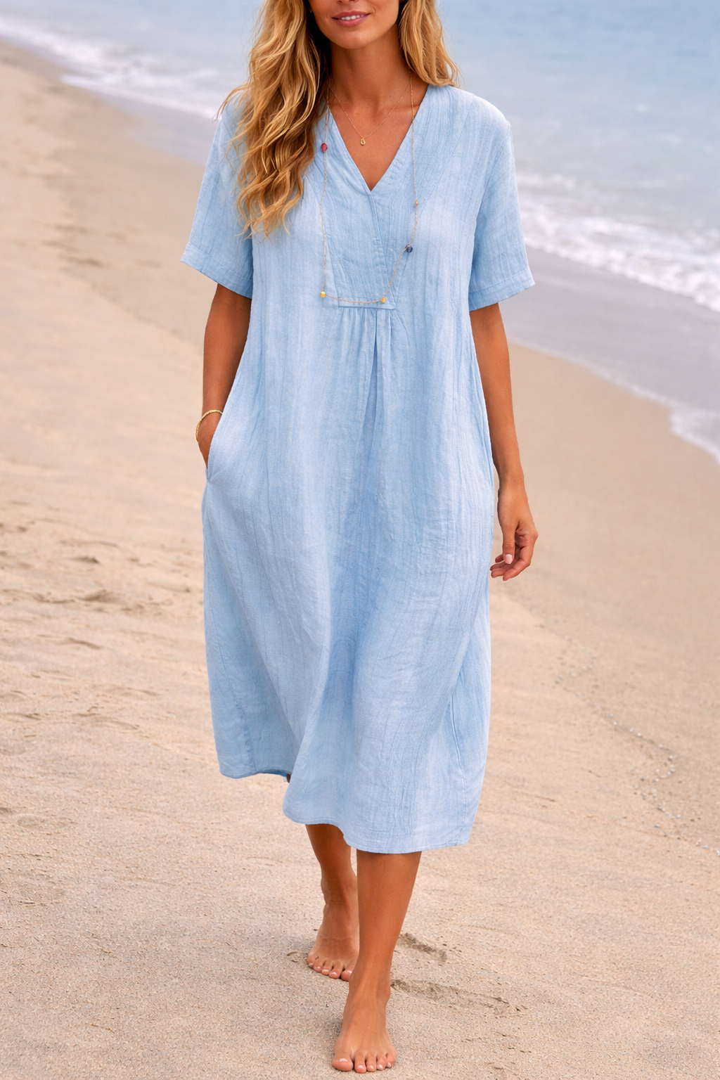 Robe midi en lin à col en V et manches courtes avec poches pour femmes