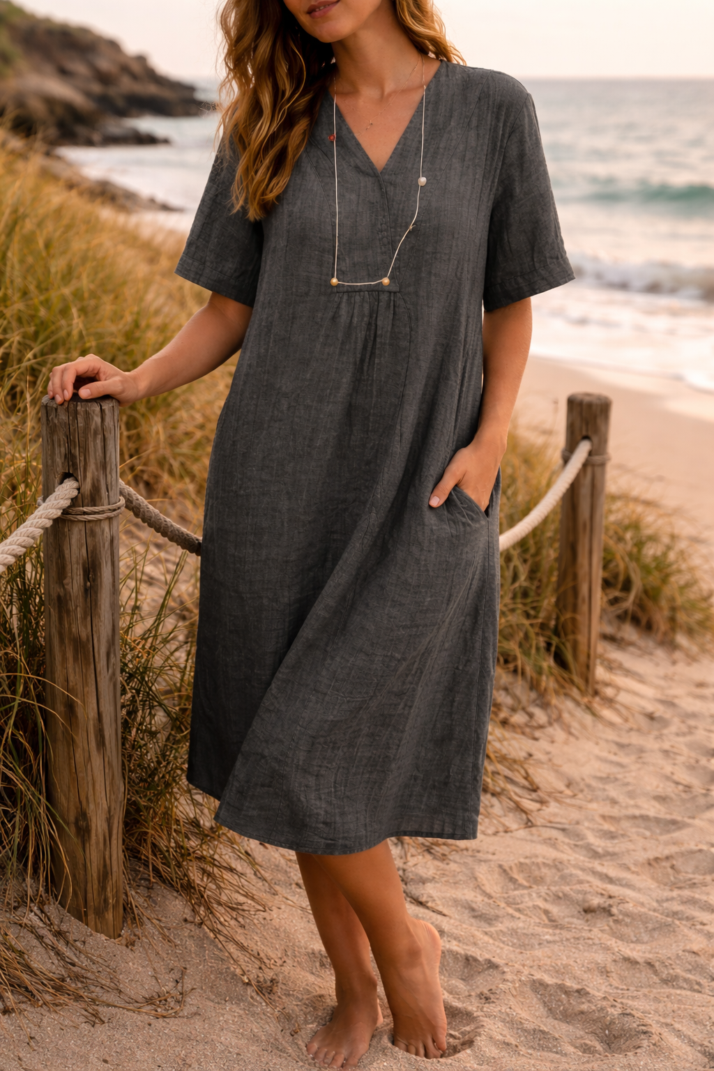 Robe midi en lin à col en V et manches courtes avec poches pour femmes