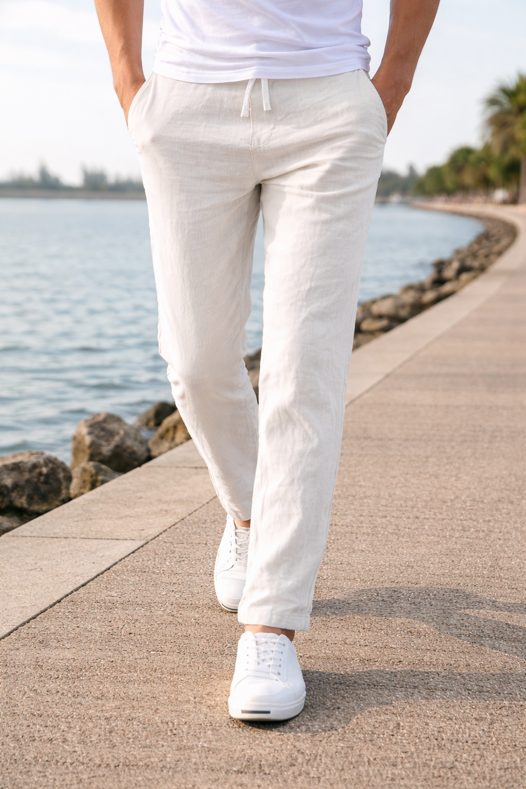 Pantalons décontractés en lin à cordon de serrage pour hommes - Jambe droite