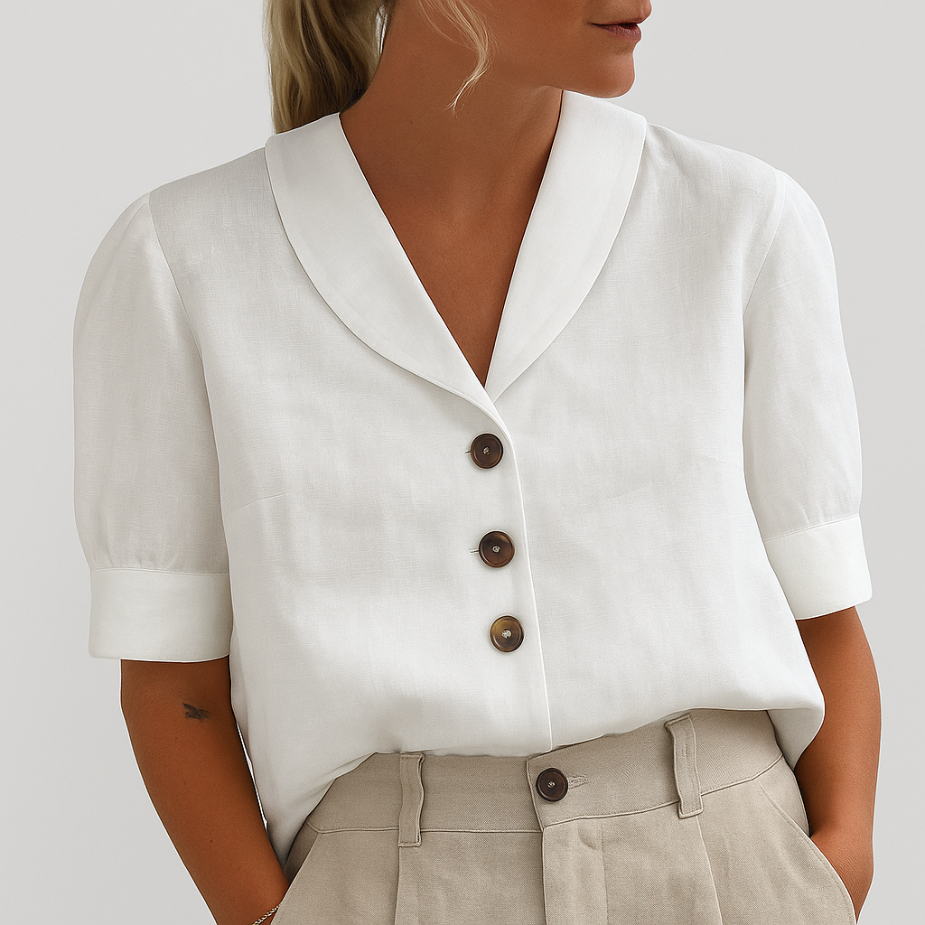 Women’s Short Sleeve Button-Up Blouse with V-Neck Collar