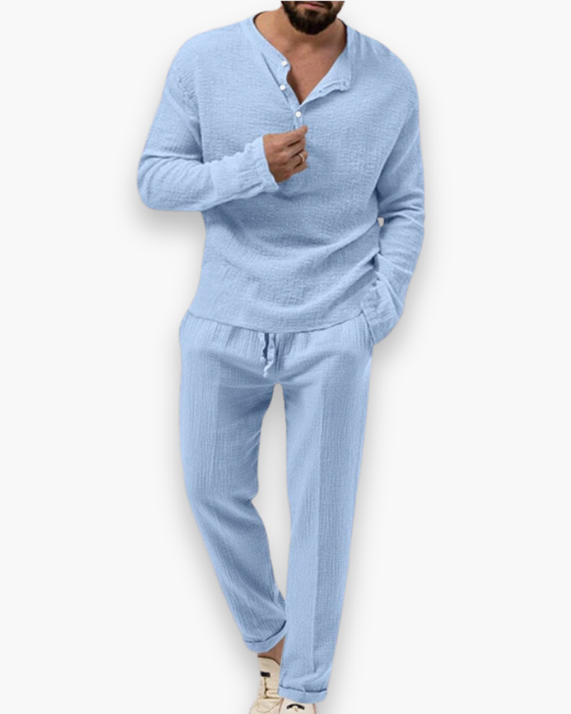 Men's Henley Two Piece Set - Long Sleeve Top - Drawstring Pants