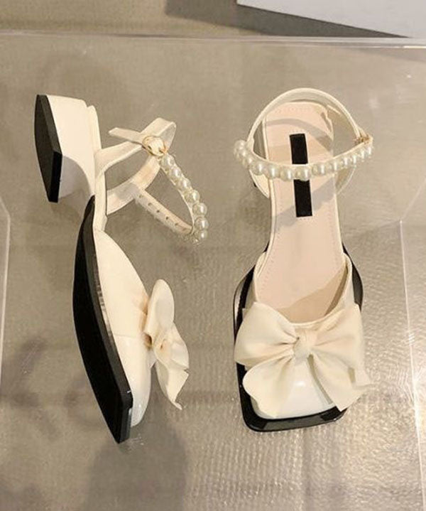 Women’s Bow Embellished Square Toe Slingback Sandals – Pearl Strap Detail