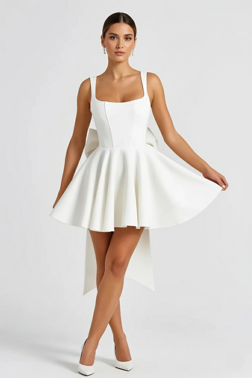 Women’s Flared Mini Dress – Elegant Cocktail Dress with Statement Bow Back