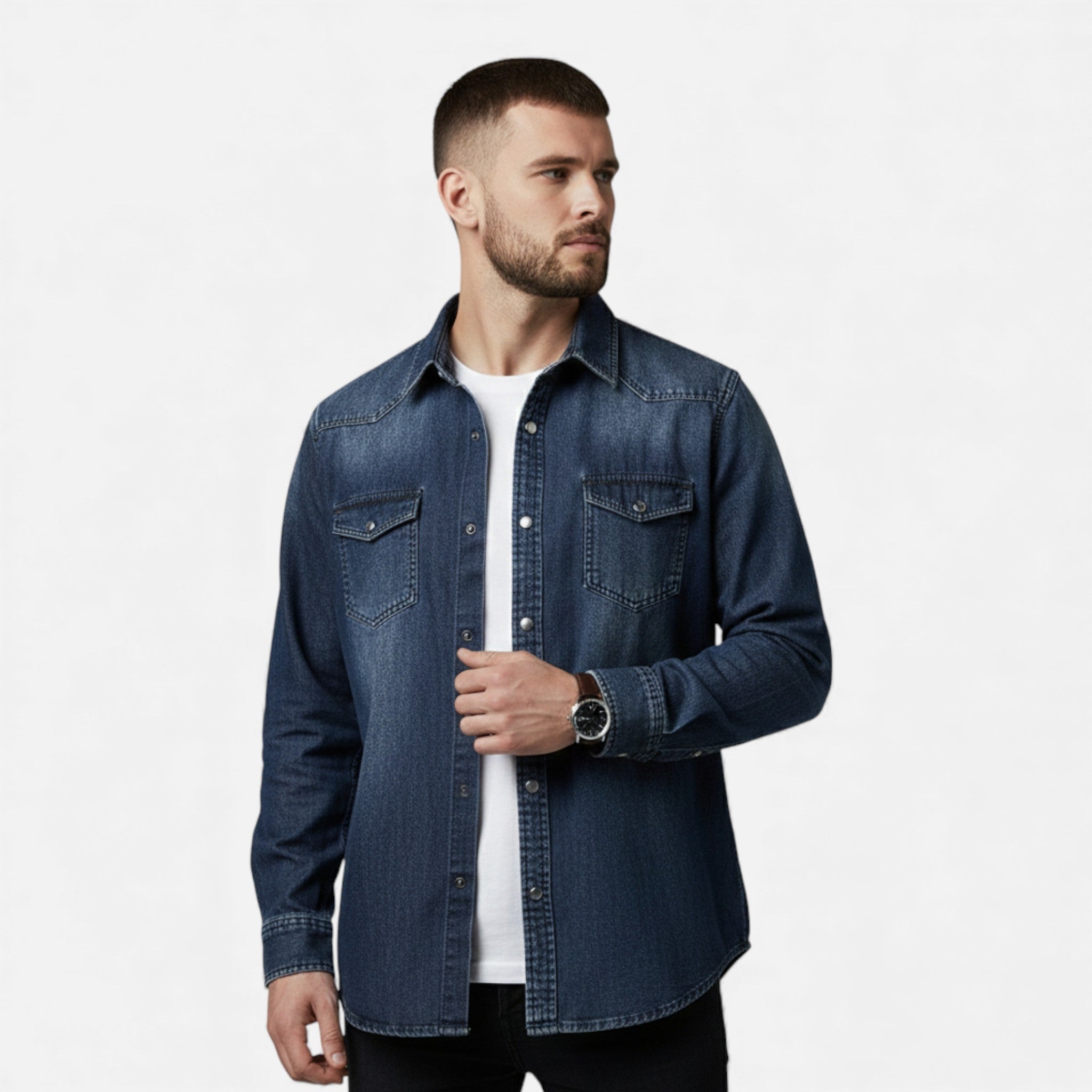 Men’s Long Sleeve Denim Button-Up Shirt with Chest Pockets and Classic Collar