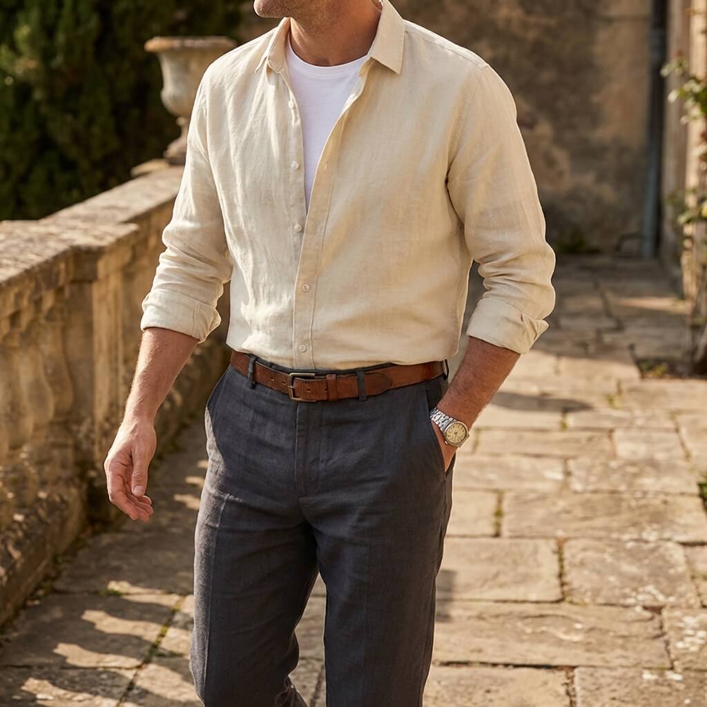 Chemise à boutons à col écarté en lin à manches longues pour hommes