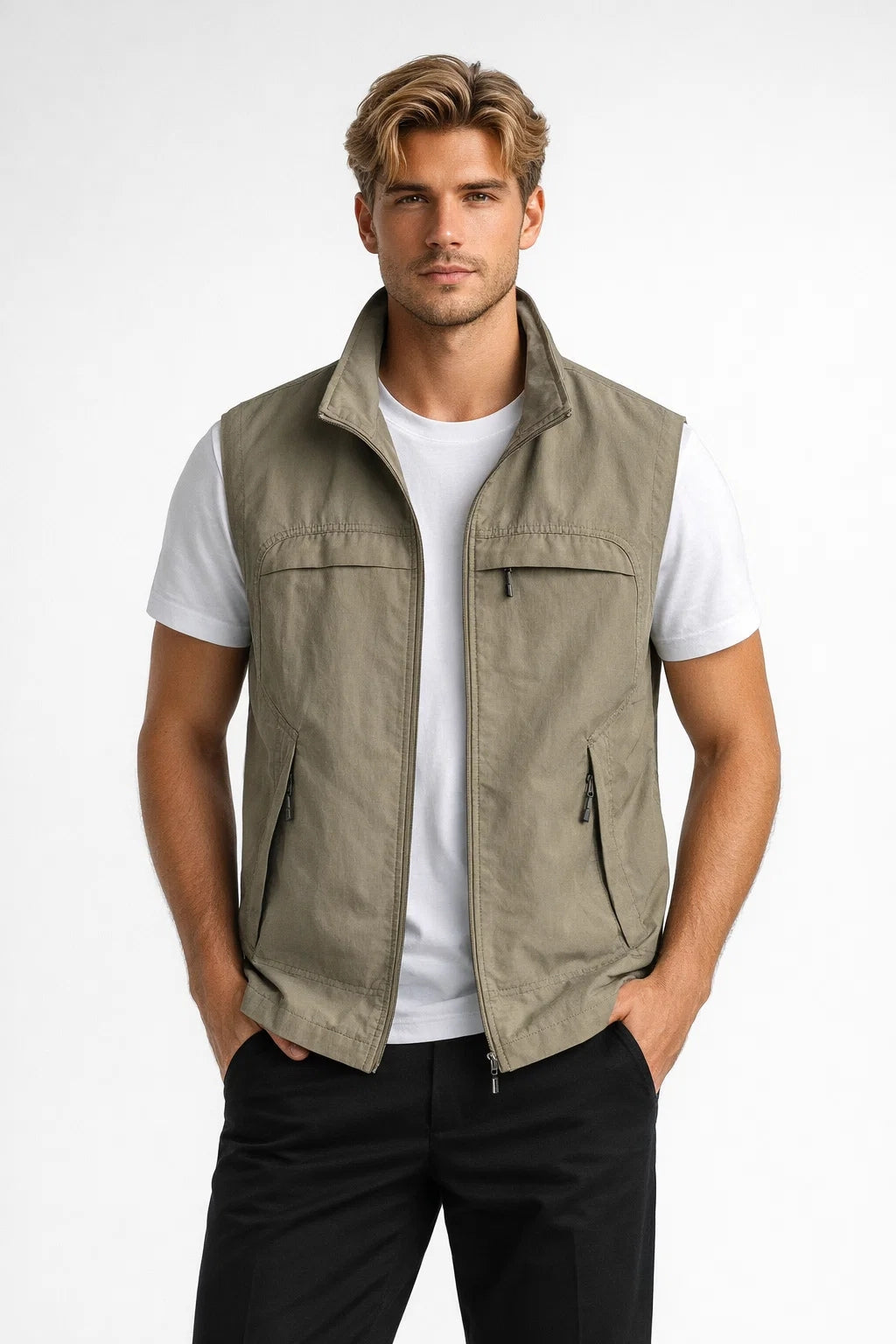Men's Zip-Front Utility Vest with Multiple Zippered Pockets
