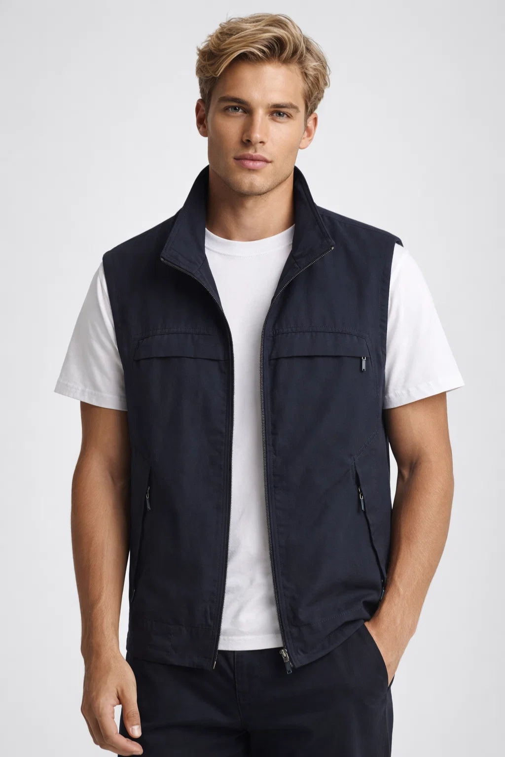 Men's Zip-Front Utility Vest with Multiple Zippered Pockets
