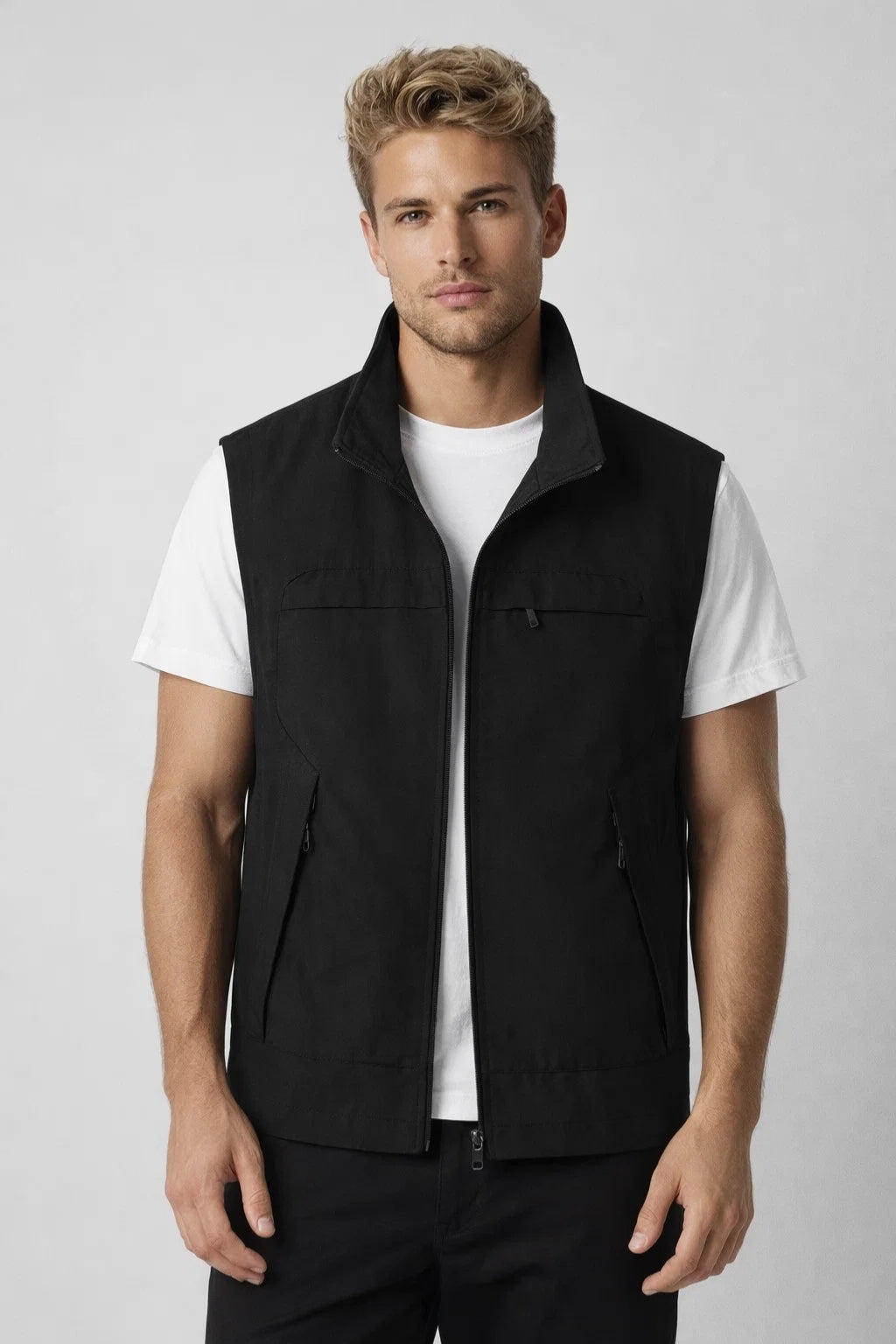 Men's Zip-Front Utility Vest with Multiple Zippered Pockets