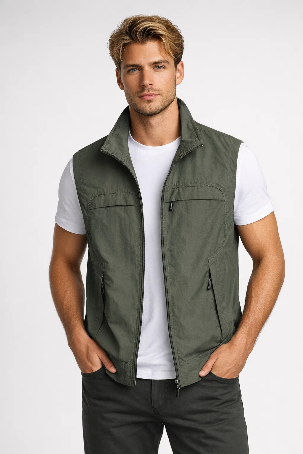 Men's Zip-Front Utility Vest with Multiple Zippered Pockets