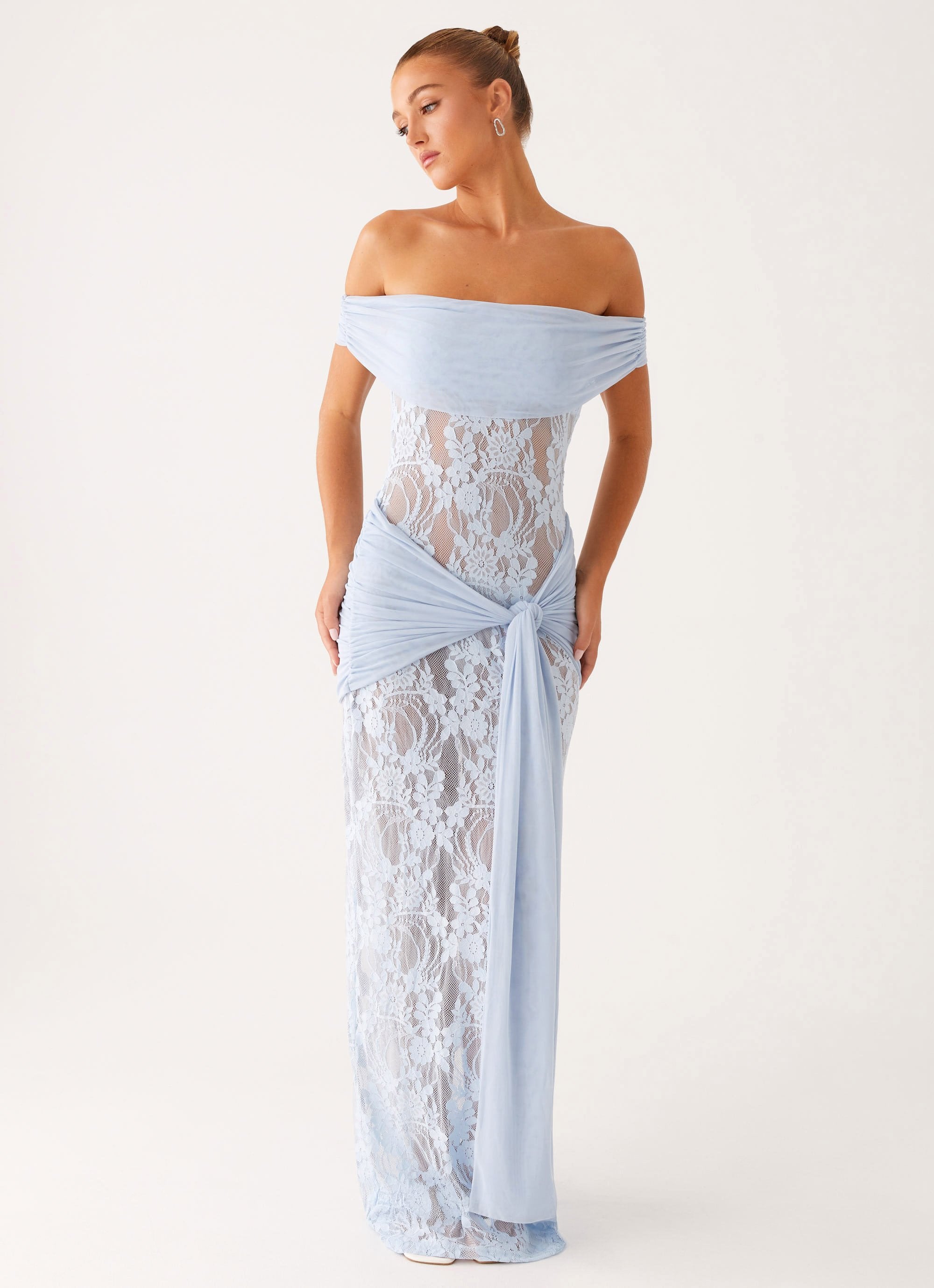Robe maxi en dentelle à épaules dénudées avec taille à nouer pour femmes
