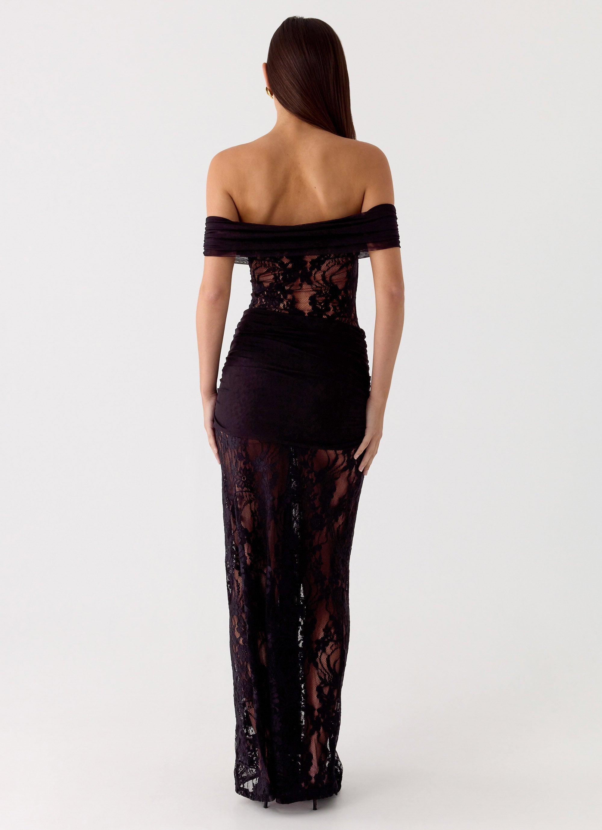 Robe maxi en dentelle à épaules dénudées avec taille à nouer pour femmes