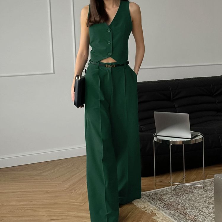 Women's Two Piece Set Button Front Sleeveless Vest - Wide Leg Pants