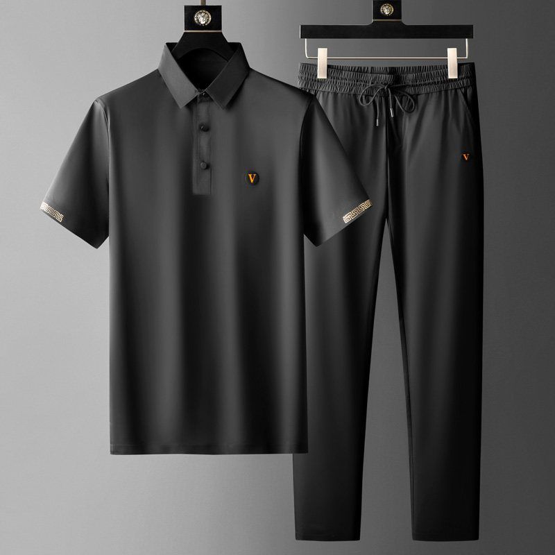 Men’s Two-Piece Set with Short Sleeve Polo Shirt and Drawstring Pants