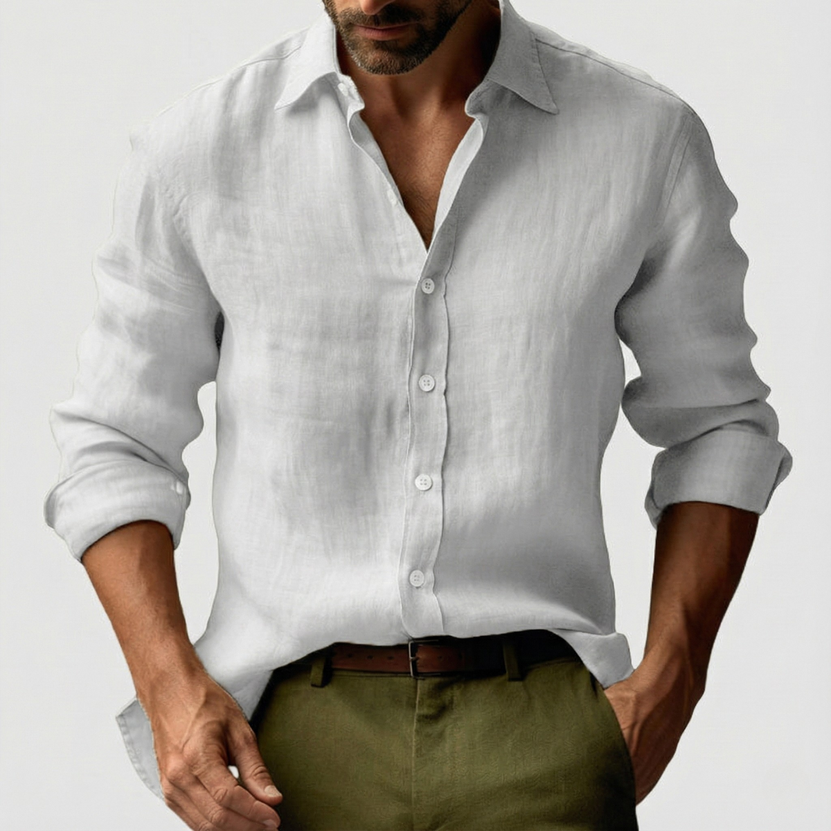 Men’s Linen Long Sleeve Button-Up Shirt with Open Collar and Relaxed Structure