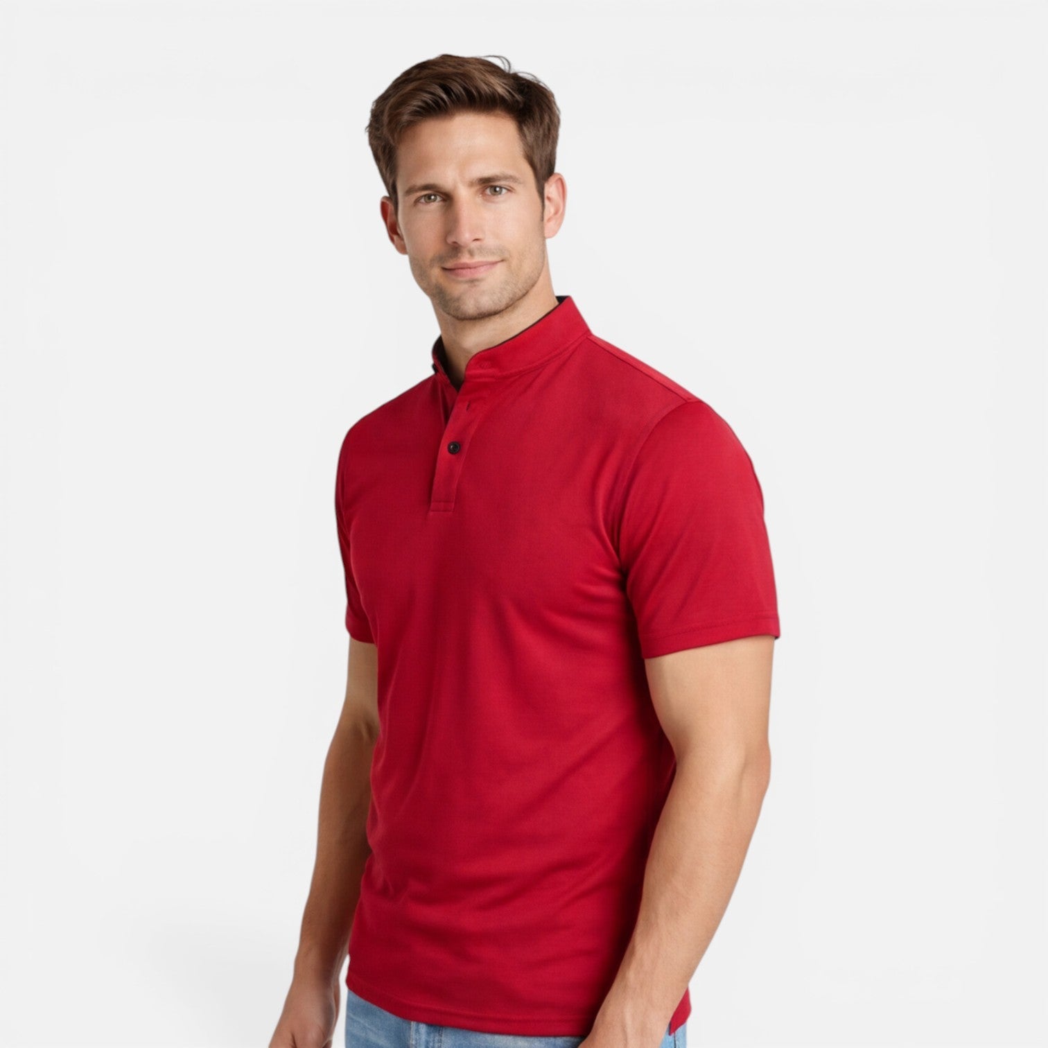 Men's Short Sleeve Henley T-Shirt - Band Collar with Contrast Trim