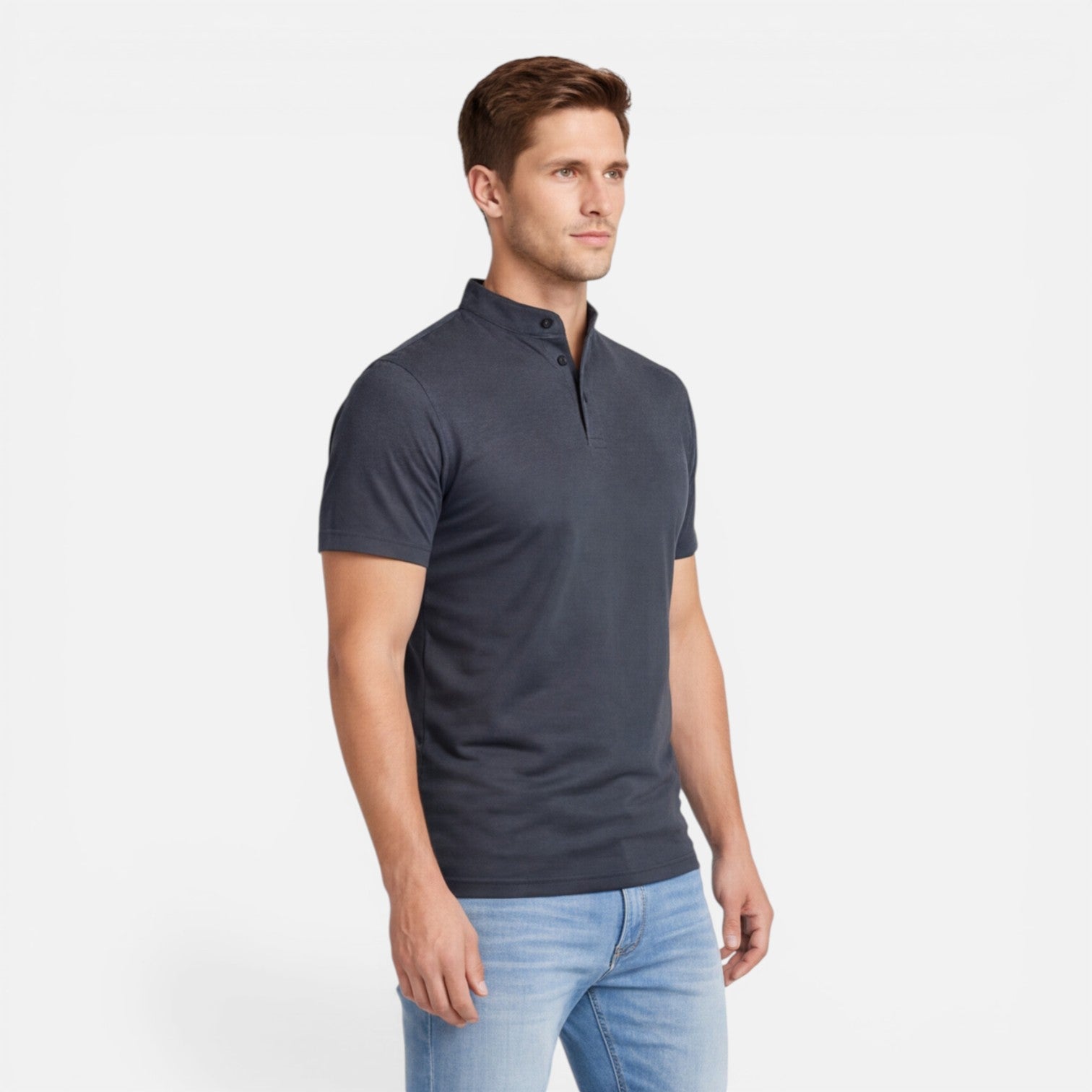 Men's Short Sleeve Henley T-Shirt - Band Collar with Contrast Trim