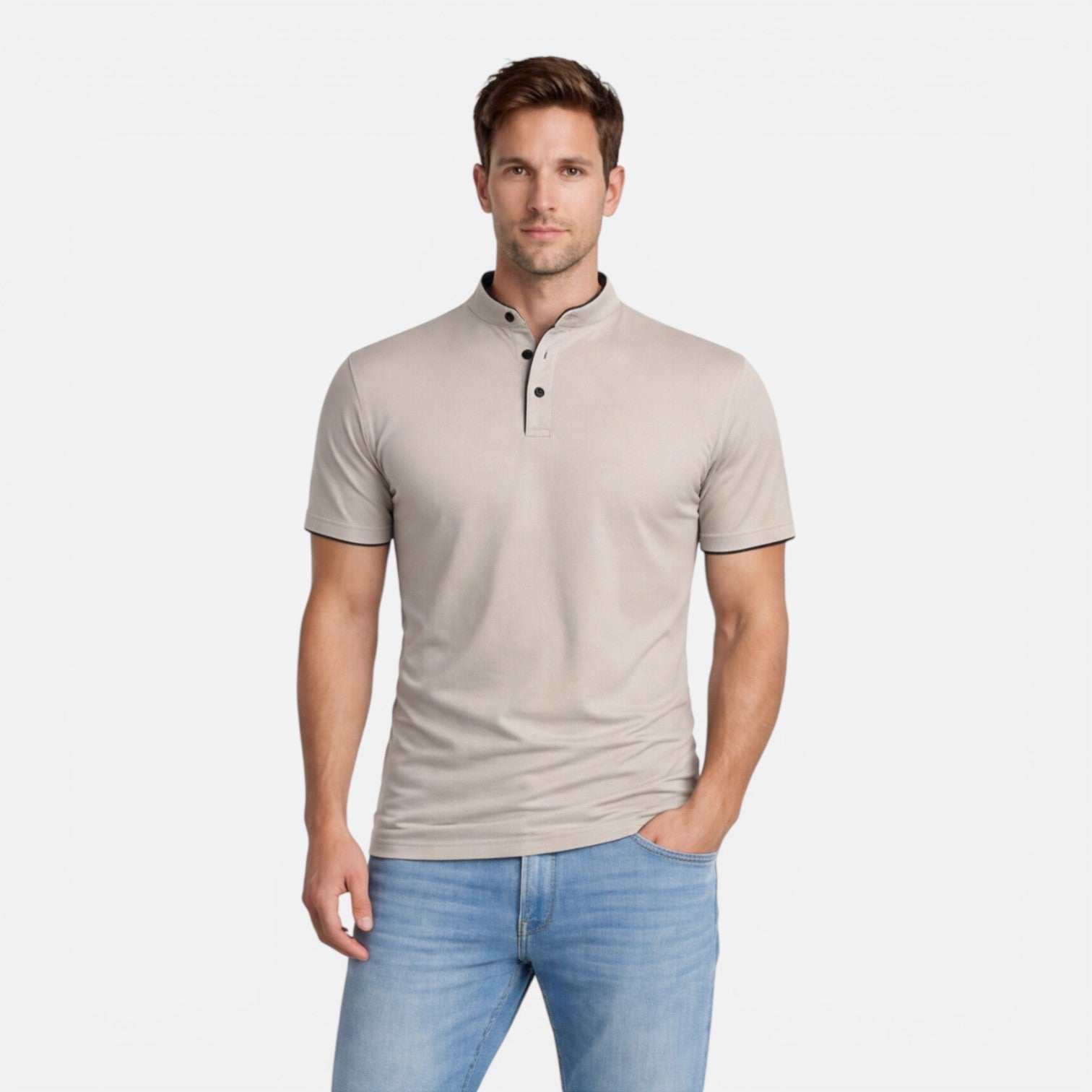 Men's Short Sleeve Henley T-Shirt - Band Collar with Contrast Trim