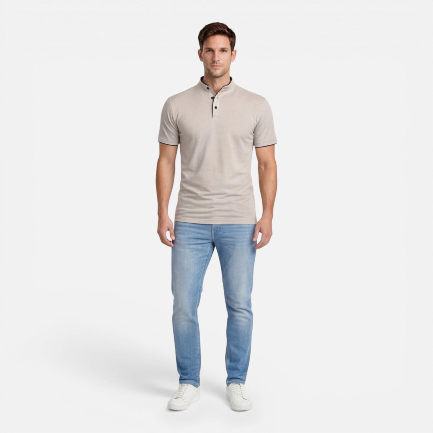 Men's Short Sleeve Henley T-Shirt - Band Collar with Contrast Trim