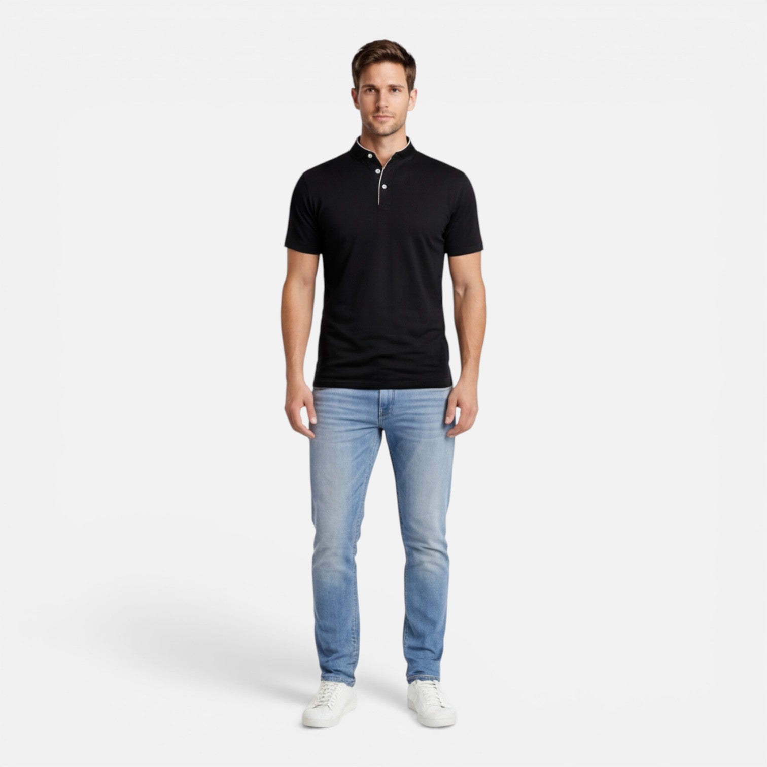Men's Short Sleeve Henley T-Shirt - Band Collar with Contrast Trim