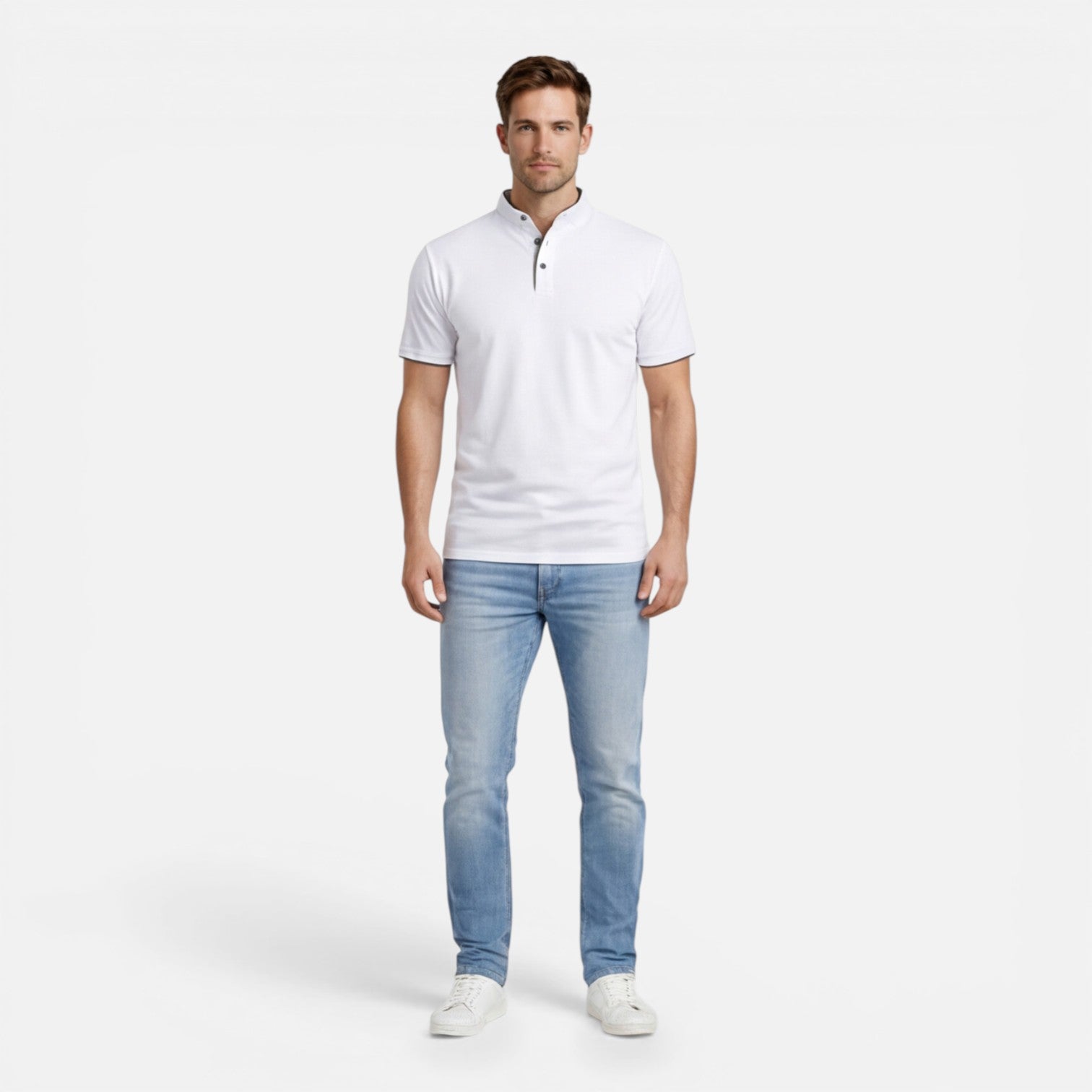 Men's Short Sleeve Henley T-Shirt - Band Collar with Contrast Trim