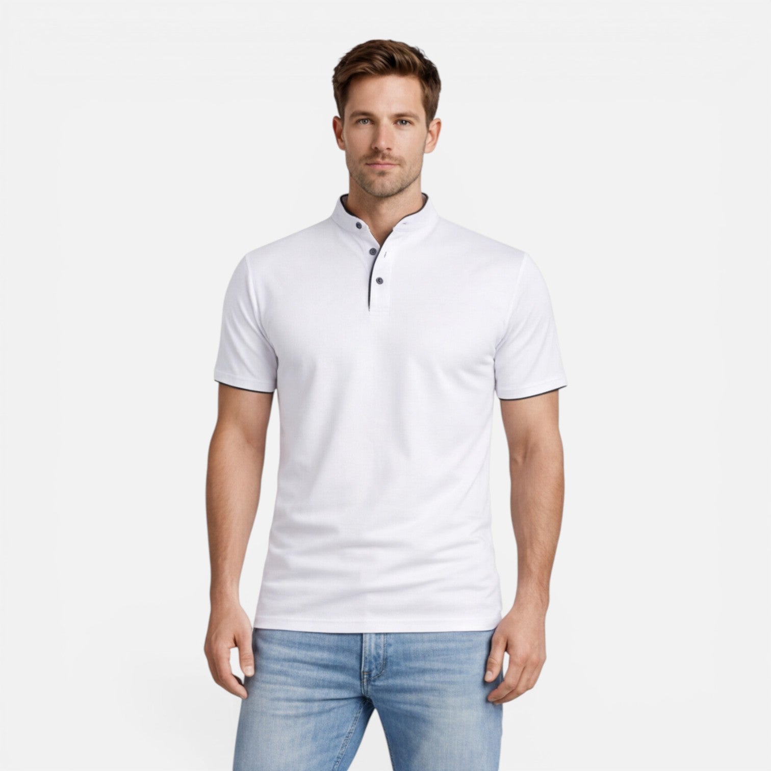 Men's Short Sleeve Henley T-Shirt - Band Collar with Contrast Trim