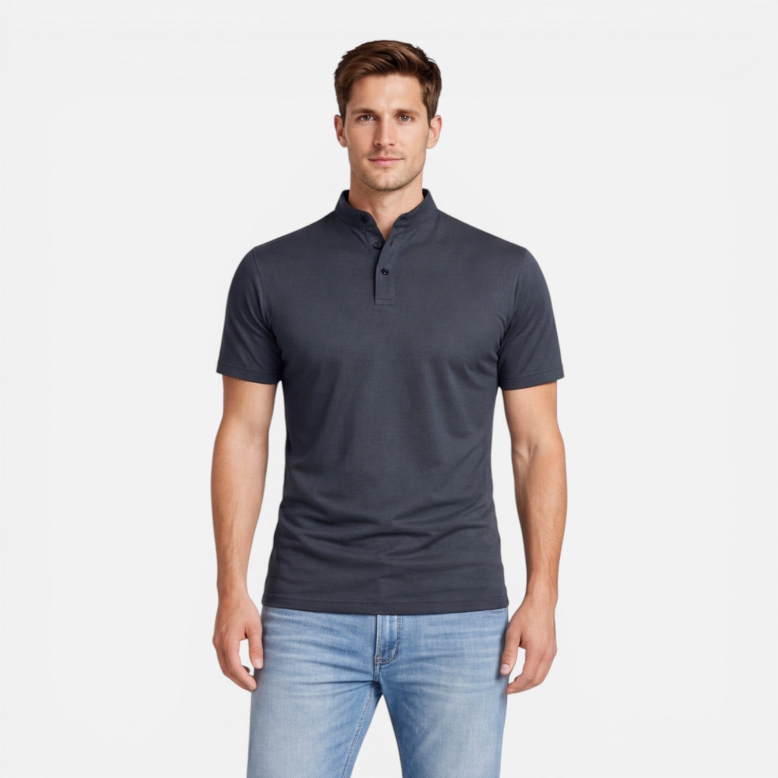 Men's Short Sleeve Henley T-Shirt - Band Collar with Contrast Trim