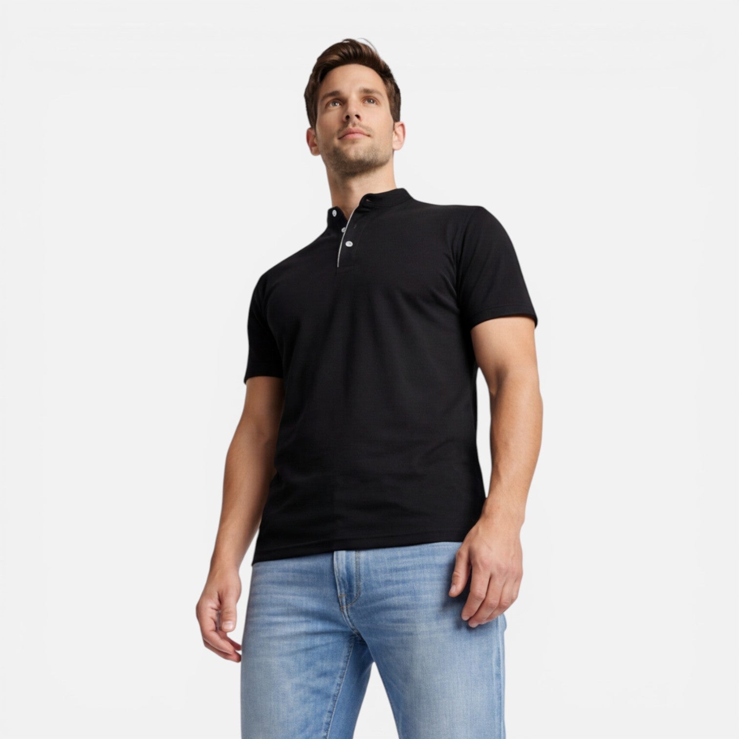 Men's Short Sleeve Henley T-Shirt - Band Collar with Contrast Trim