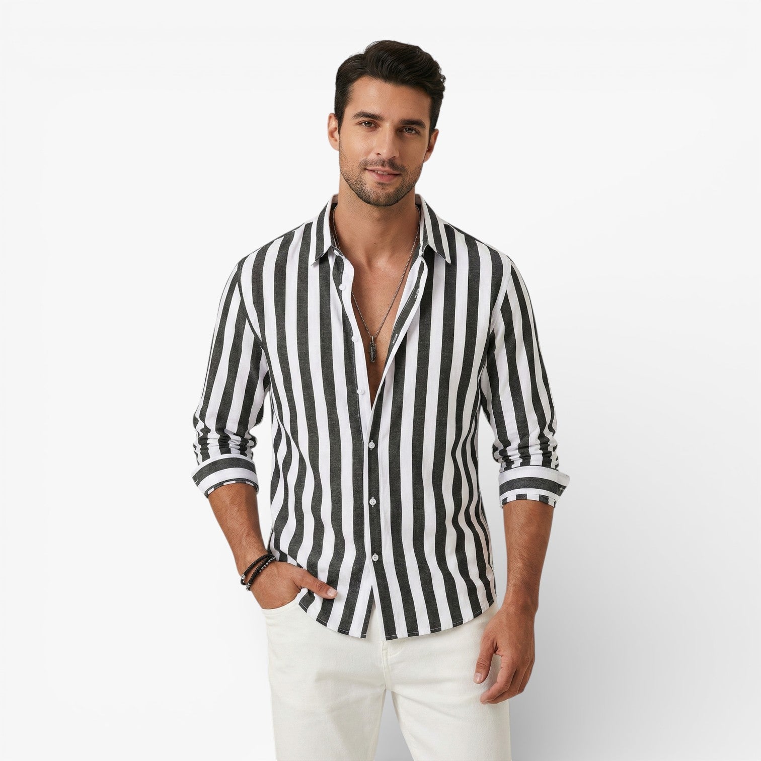 Men's Striped Linen Cotton Long Sleeve Button Down Shirt
