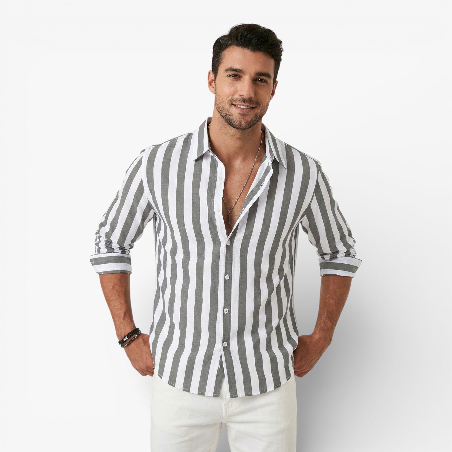 Men's Striped Linen Cotton Long Sleeve Button Down Shirt