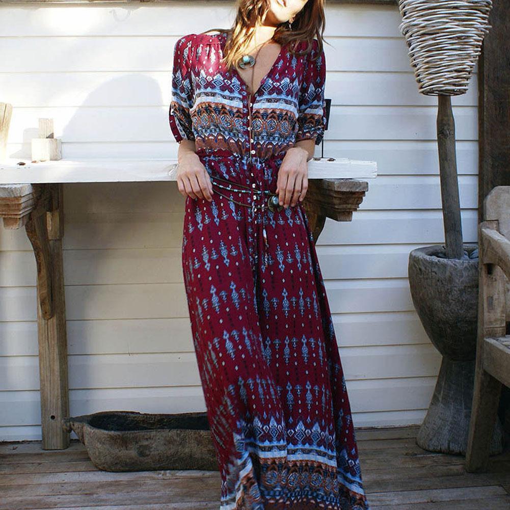 Women’s Bohemian Print Maxi Dress – Belted Long Sleeve Button Design