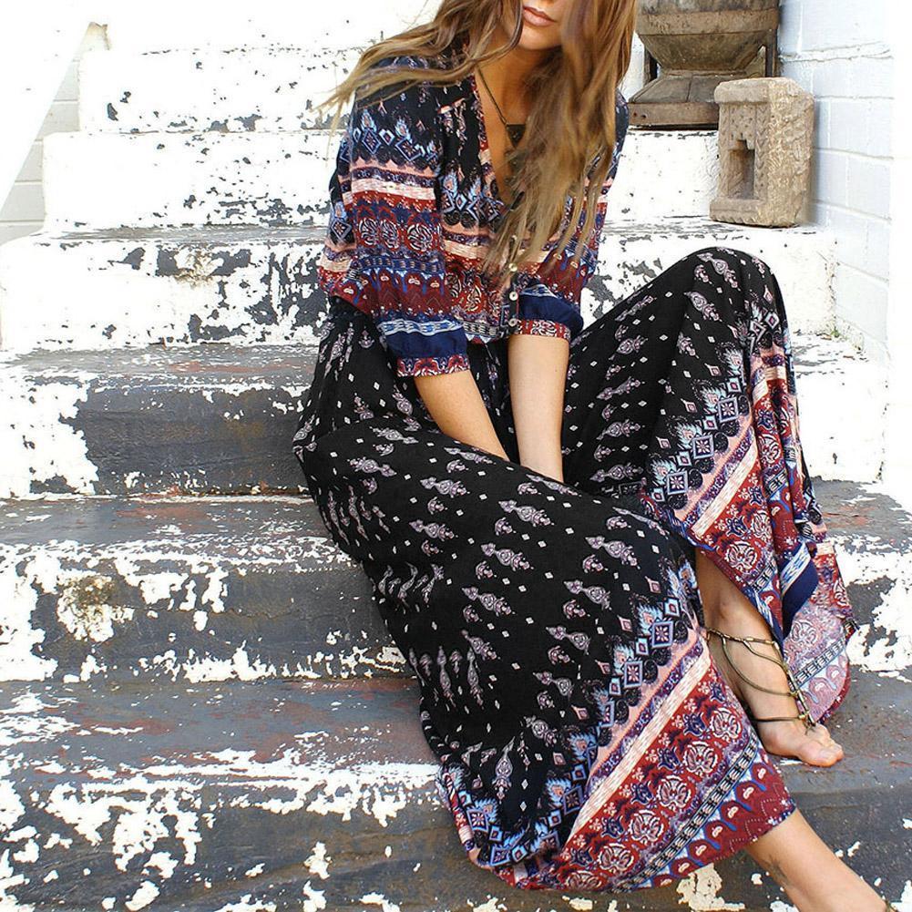 Women’s Bohemian Print Maxi Dress – Belted Long Sleeve Button Design