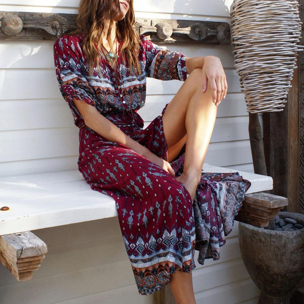Women’s Bohemian Print Maxi Dress – Belted Long Sleeve Button Design