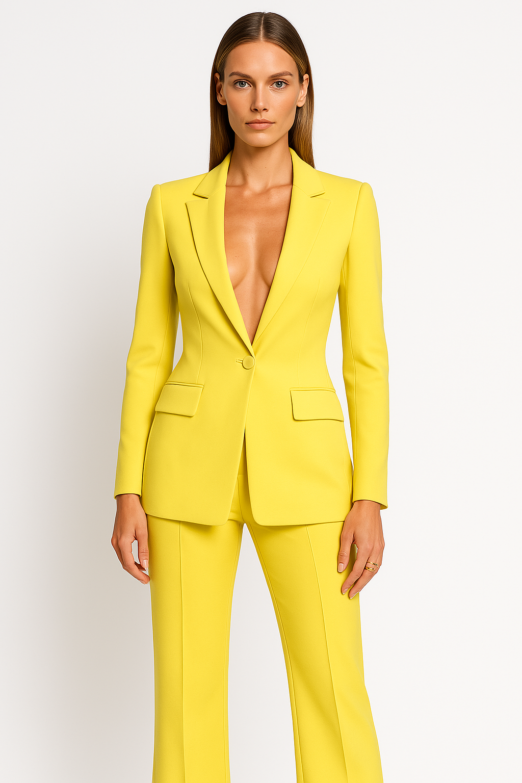Ladies Plunging Pants Suit Set – Tailored Single-Button Blazer with Straight-Leg Pants