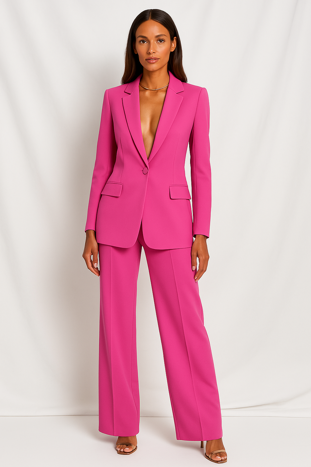 Ladies Plunging Pants Suit Set – Tailored Single-Button Blazer with Straight-Leg Pants