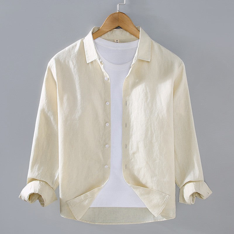 Chemise à boutons à col écarté en lin à manches longues pour hommes
