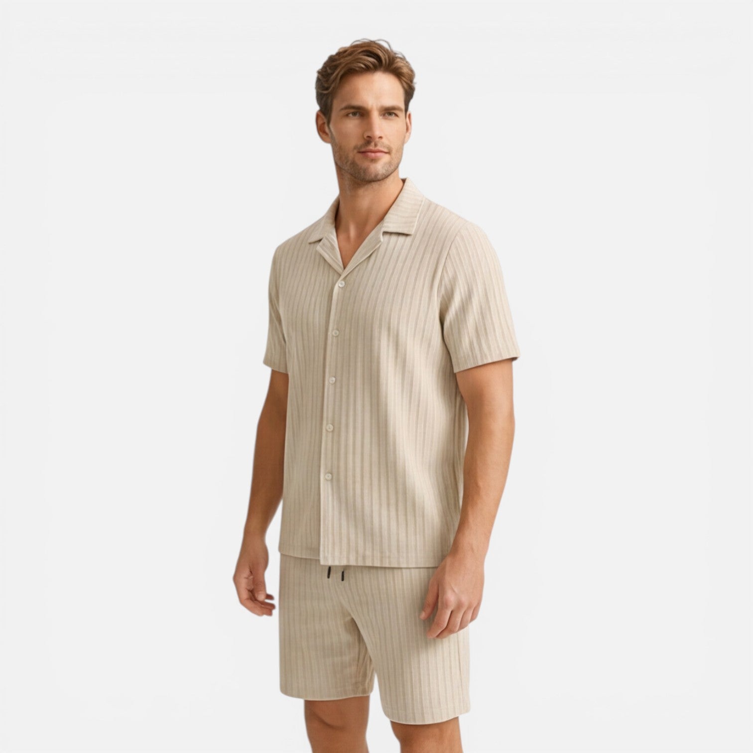 Men's Pinstripe Short Sleeve Shirt - Elastic Waist Shorts Set
