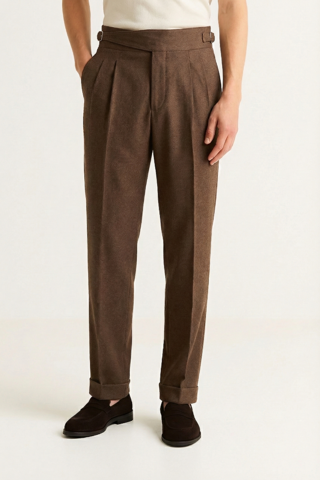Men’s Relaxed Twin-Pleat Pants – Tailored High-Waist Design with Back Welt Pockets