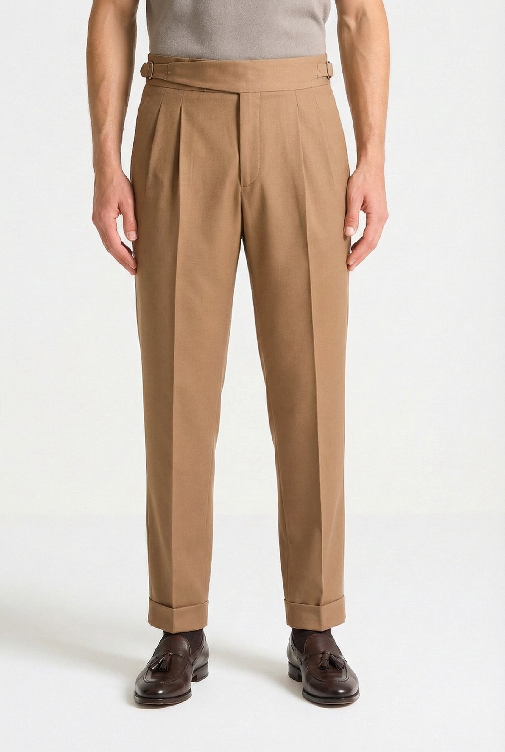 Men’s Relaxed Twin-Pleat Pants – Tailored High-Waist Design with Back Welt Pockets