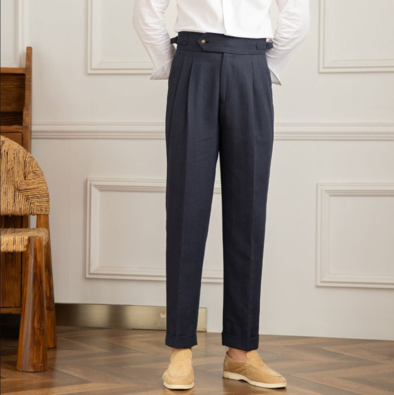 Men's High Waisted Pleated Pants with Side Adjuster - Italian Style