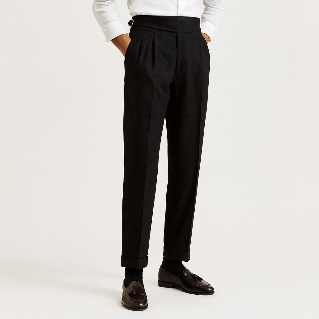 Men’s High-Waisted Pleated Pants – Tailored Fit with Side Adjusters and Cuffed Hem