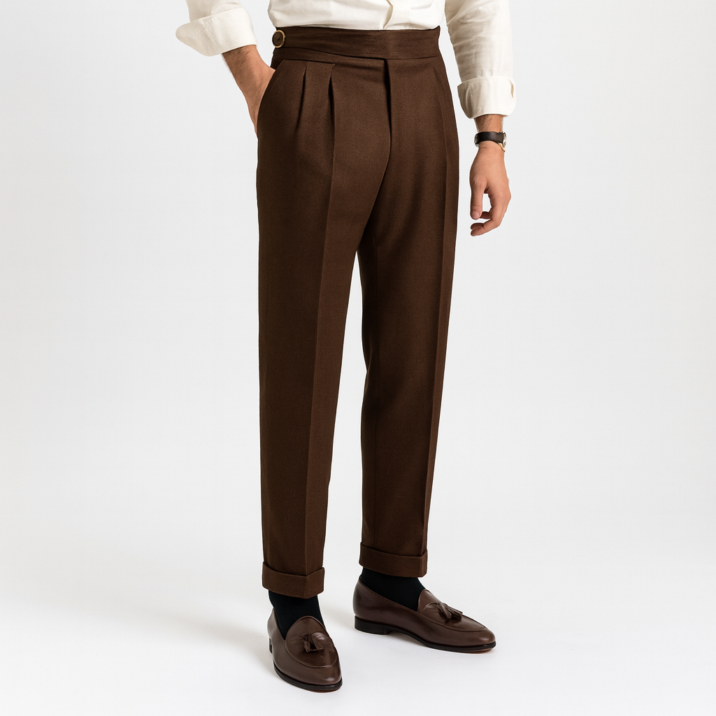 Men’s High-Waisted Pleated Pants – Tailored Fit with Side Adjusters and Cuffed Hem