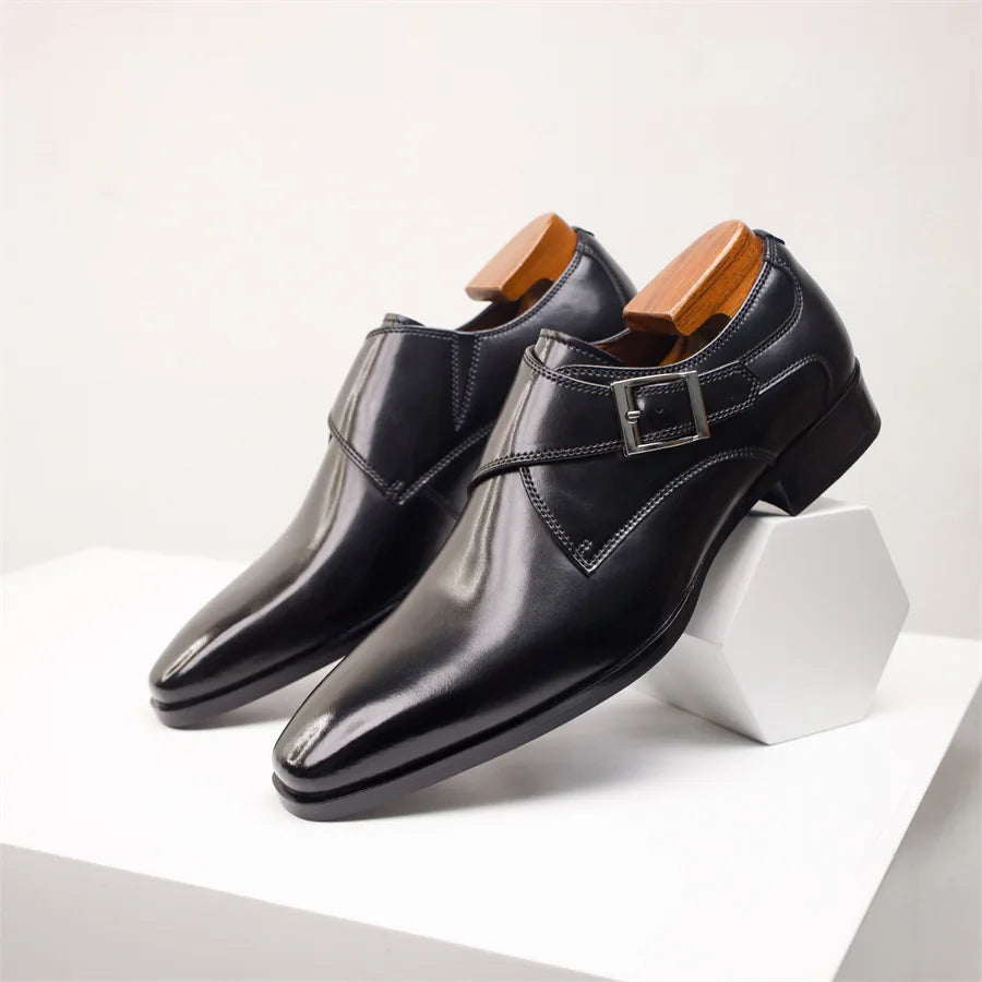Men’s Single Monk Strap Dress Shoes with Buckle Closure and Rounded Toe