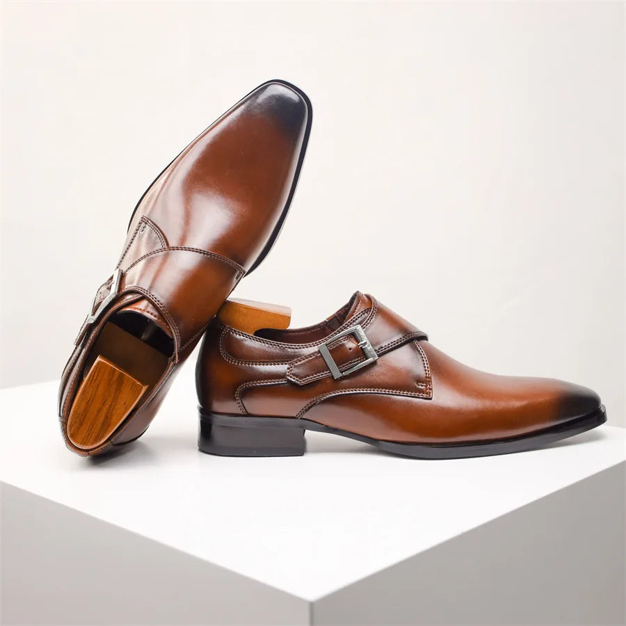 Men’s Single Monk Strap Dress Shoes with Buckle Closure and Rounded Toe