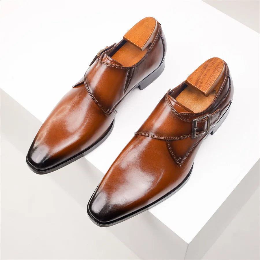 Men’s Single Monk Strap Dress Shoes with Buckle Closure and Rounded Toe