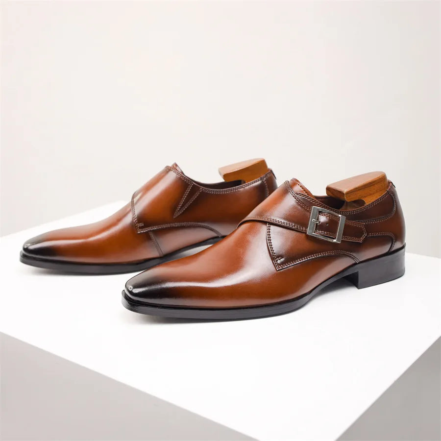 Men’s Single Monk Strap Dress Shoes with Buckle Closure and Rounded Toe