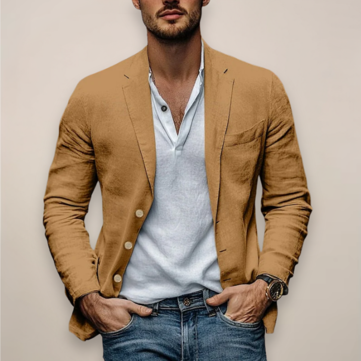 Men’s Tailored Linen Blazer with Notched Lapels and Button-Front Design