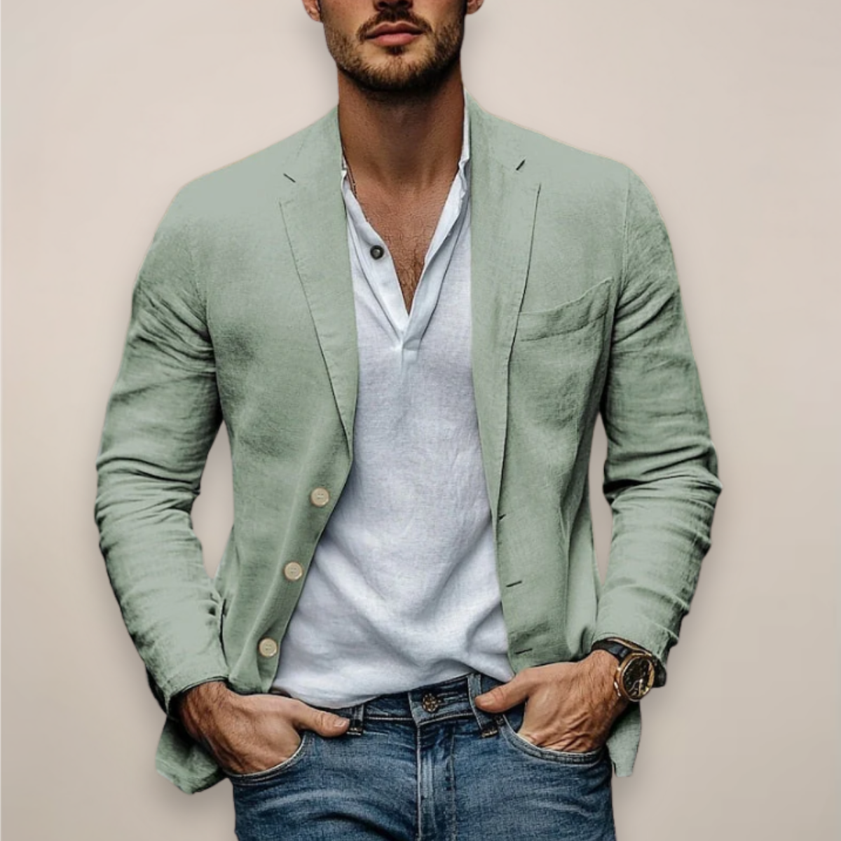 Men’s Tailored Linen Blazer with Notched Lapels and Button-Front Design