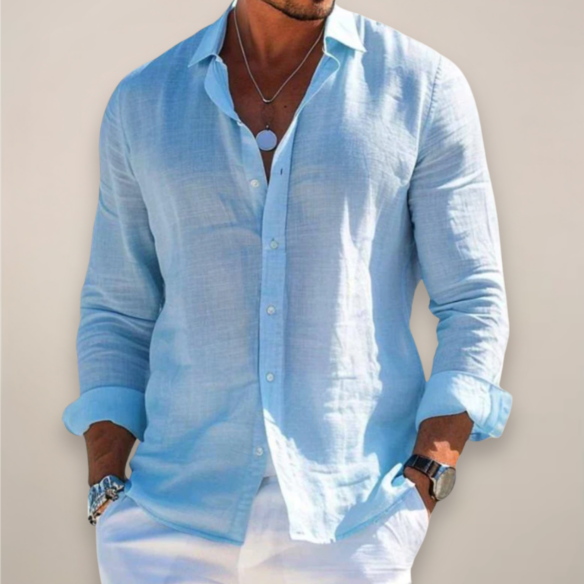 Men’s Linen Long Sleeve Button-Up Shirt with Collared Neck