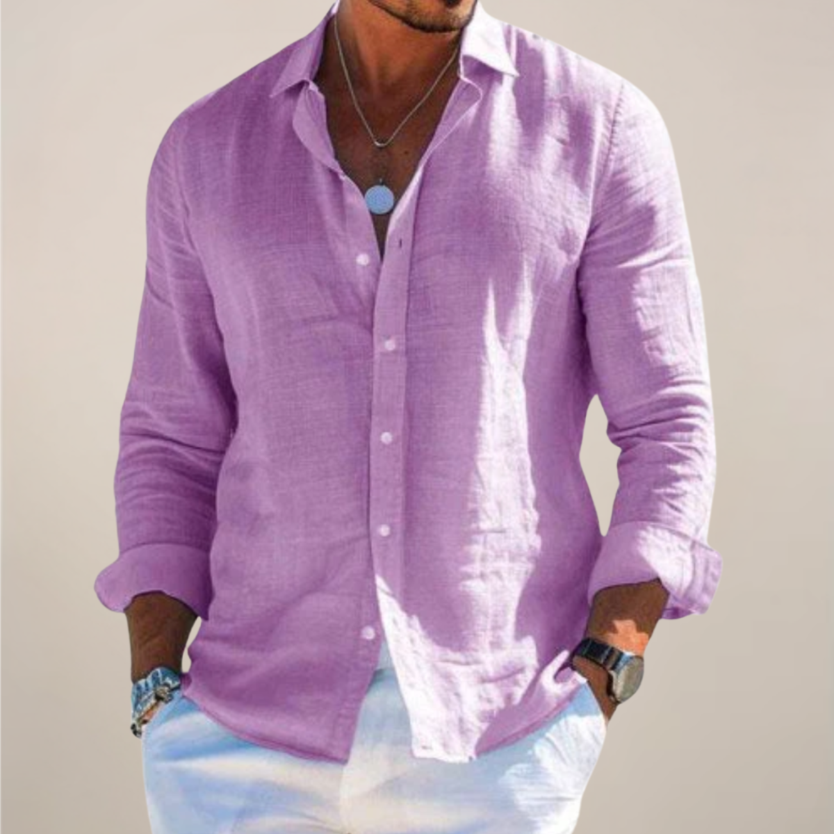 Men’s Linen Long Sleeve Button-Up Shirt with Collared Neck