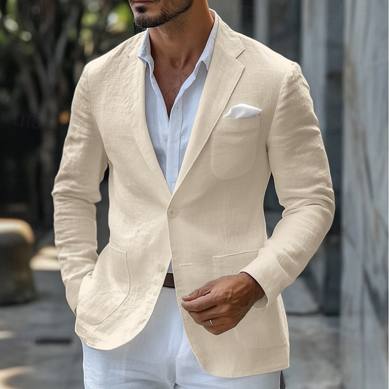 Men’s Tailored Linen Summer Blazer with Notched Lapels and Single-Button Closure